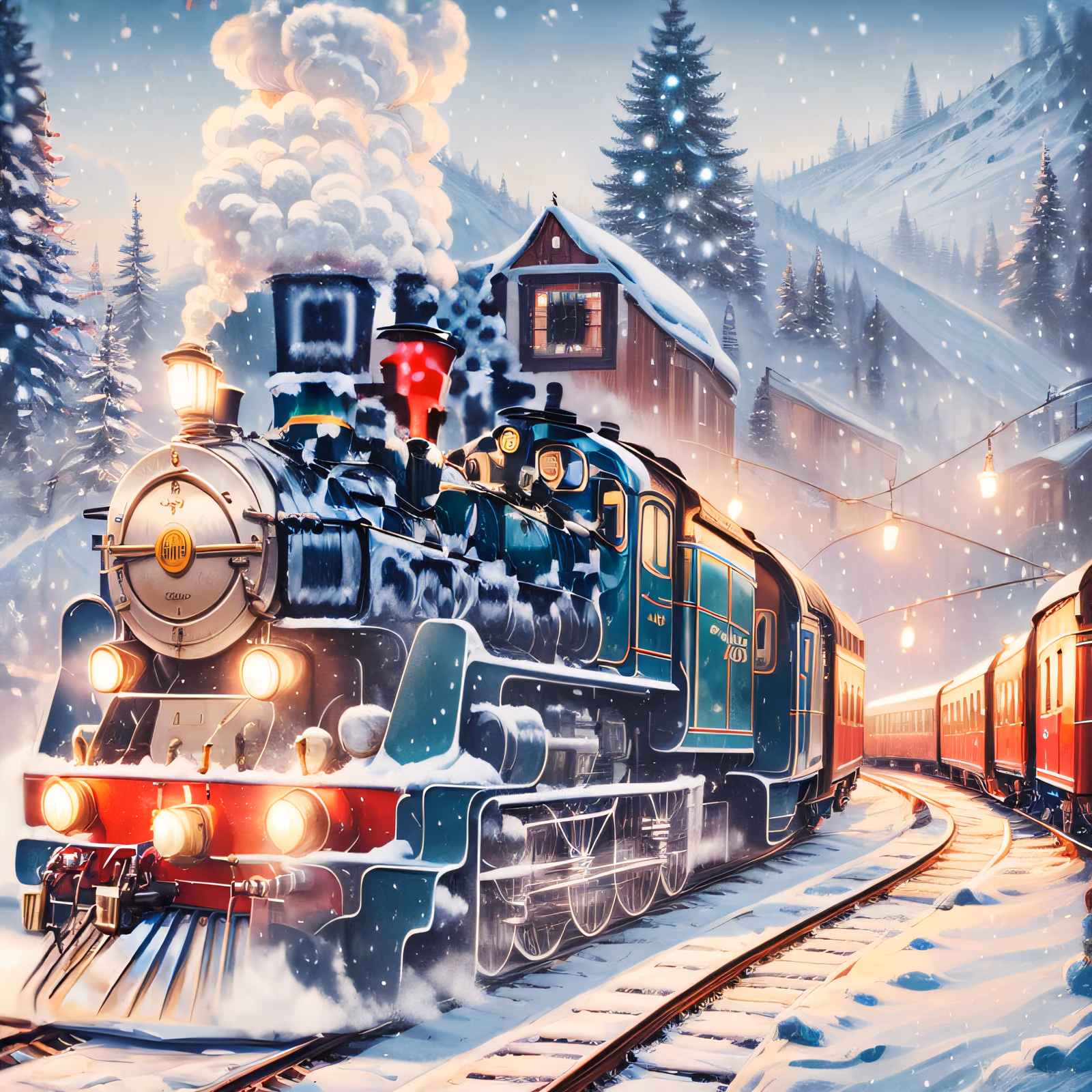 Christmas Steam Train Winter Painting QR Code for Greeting Cards — image 1
