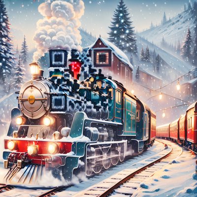 Christmas Steam Train Winter Painting QR Code for Greeting Cards