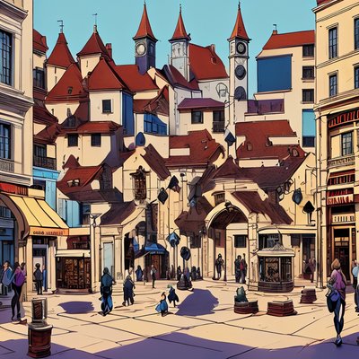 Old Town Square Comic Style QR Code for Posters