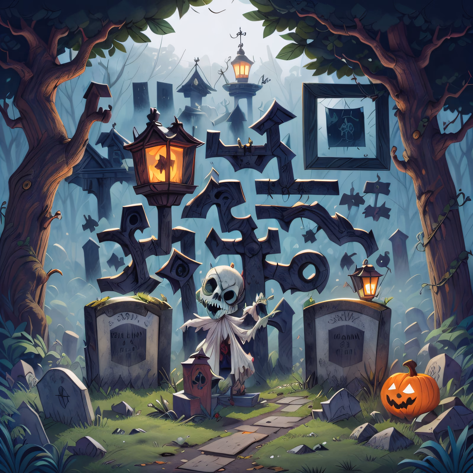 QR-код с зомби на кладбище в стиле мультфильма для постеров на Хэллоуин — изображение 1