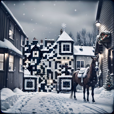 Snowy Christmas Village Horse Polaroid QR Code for Greeting Cards — image 1