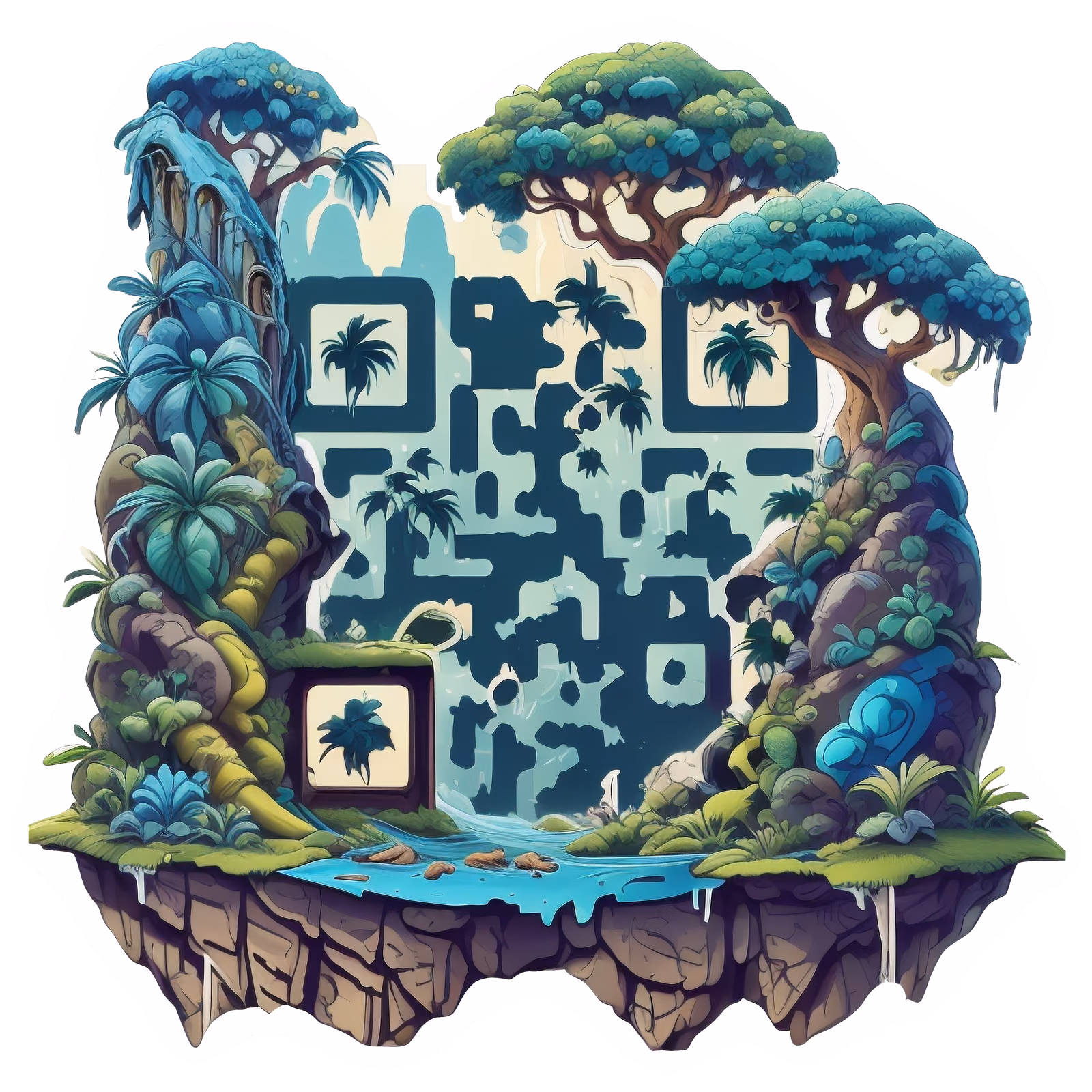 Floating Jungle Island Vector Tropical QR Code for Stickers — image 1