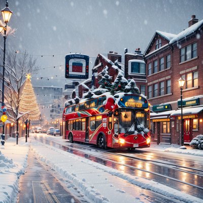 Snowy Christmas Bus Street Scene QR Code for Greeting Cards