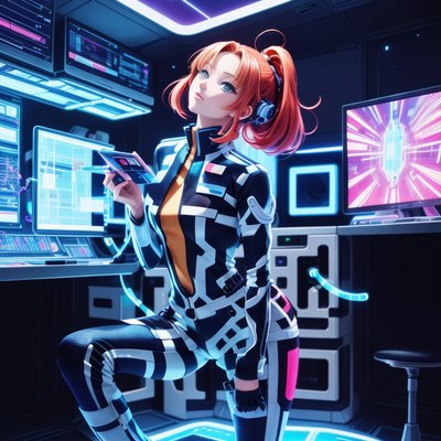 Аниме-инженер на космическом корабле: QR-код в киберпанк-стиле для постеров