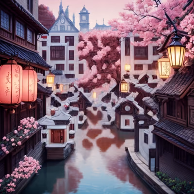 樱花运河小镇绘画二维码艺术 — 图片 1