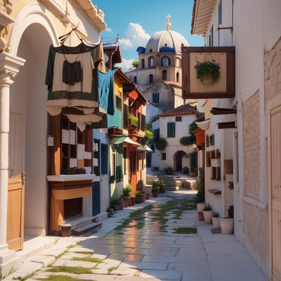 Greek Village Street Digital Painting QR Code for Posters
