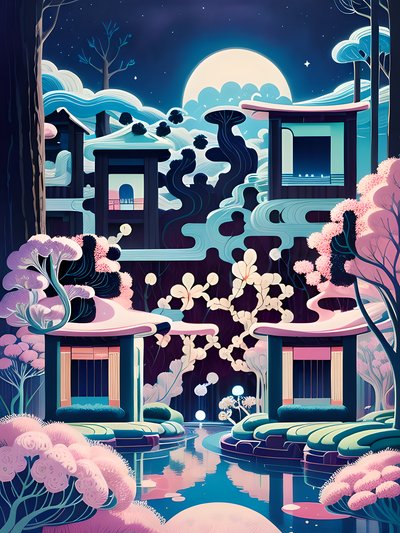 Moonlit Pavilion Garden Stylized QR Code for Posters