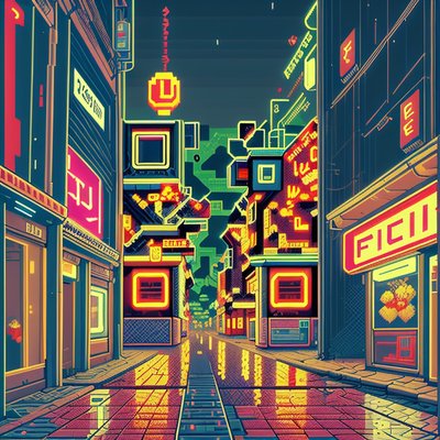 Neon Pixel City Street Cyberpunk QR Code for Posters