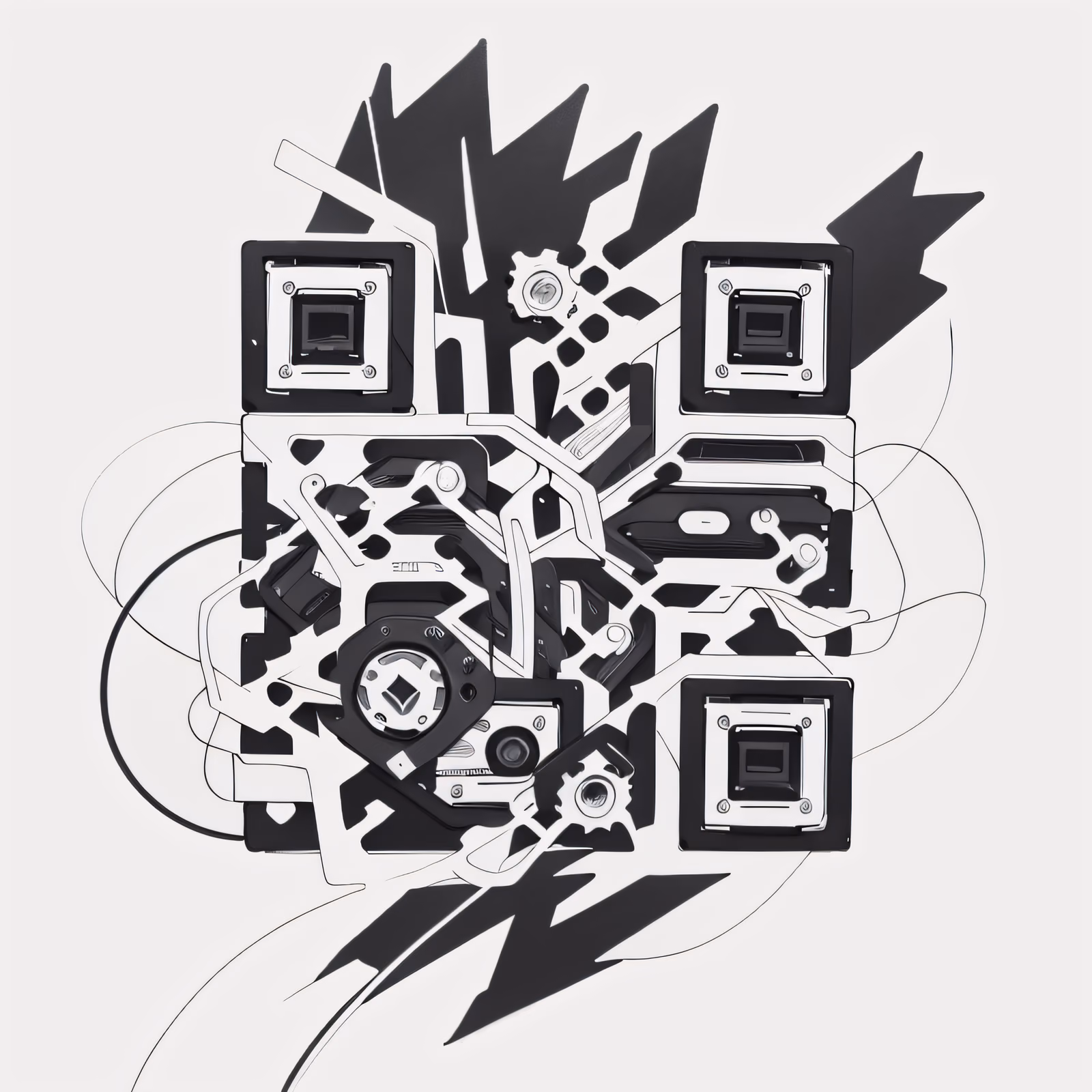 机械齿轮墨线纹身二维码艺术,适用于贴纸 — 图片 1