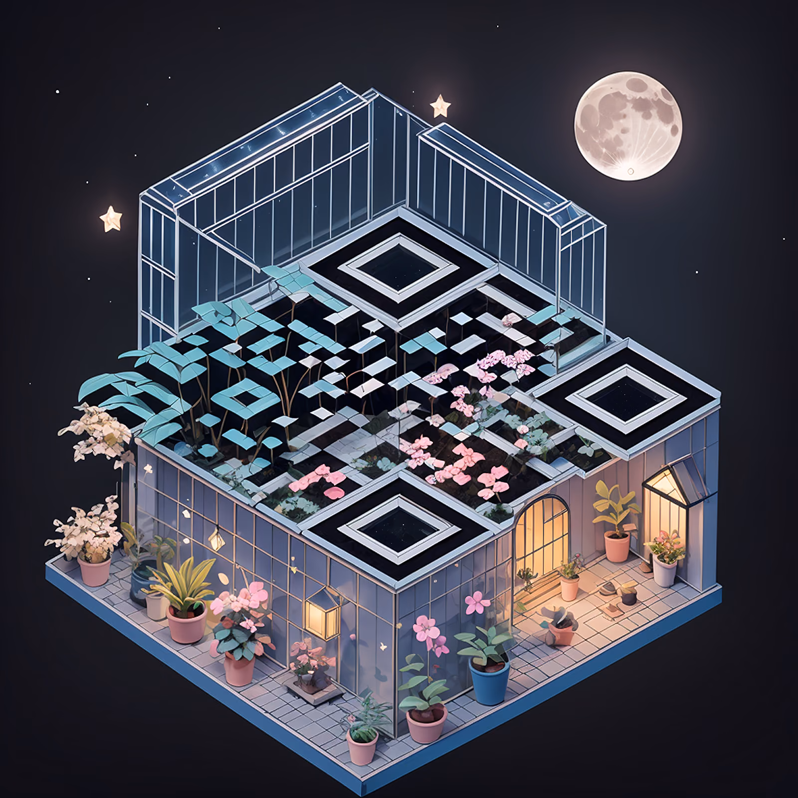 Moonlit Greenhouse Isometric QR Code Art — image 1