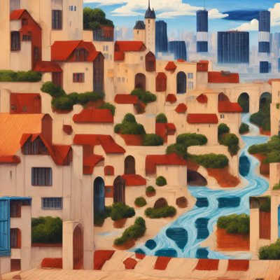 Hillside Town River Naive Painting QR Code Art — image 1