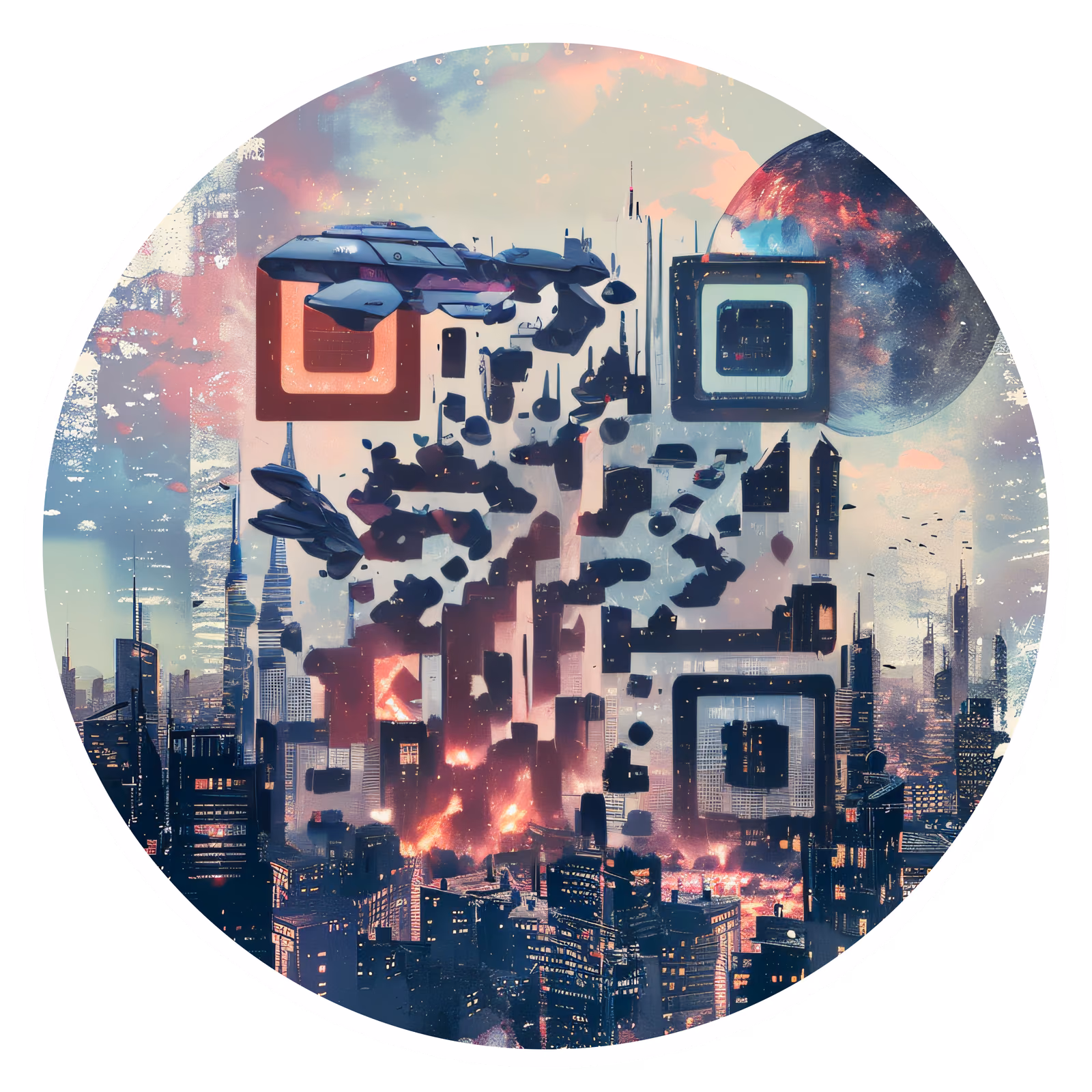 Retro Futuristic Cityscape Spaceship QR Code for Stickers — image 1