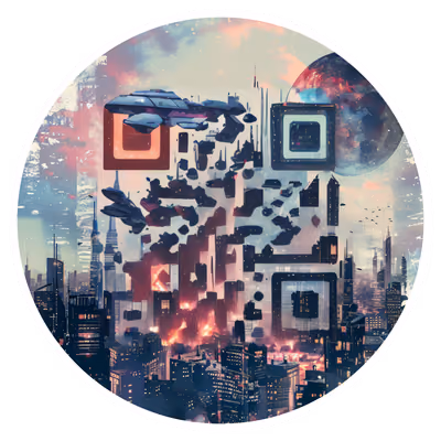 Retro Futuristic Cityscape Spaceship QR Code for Stickers — image 1