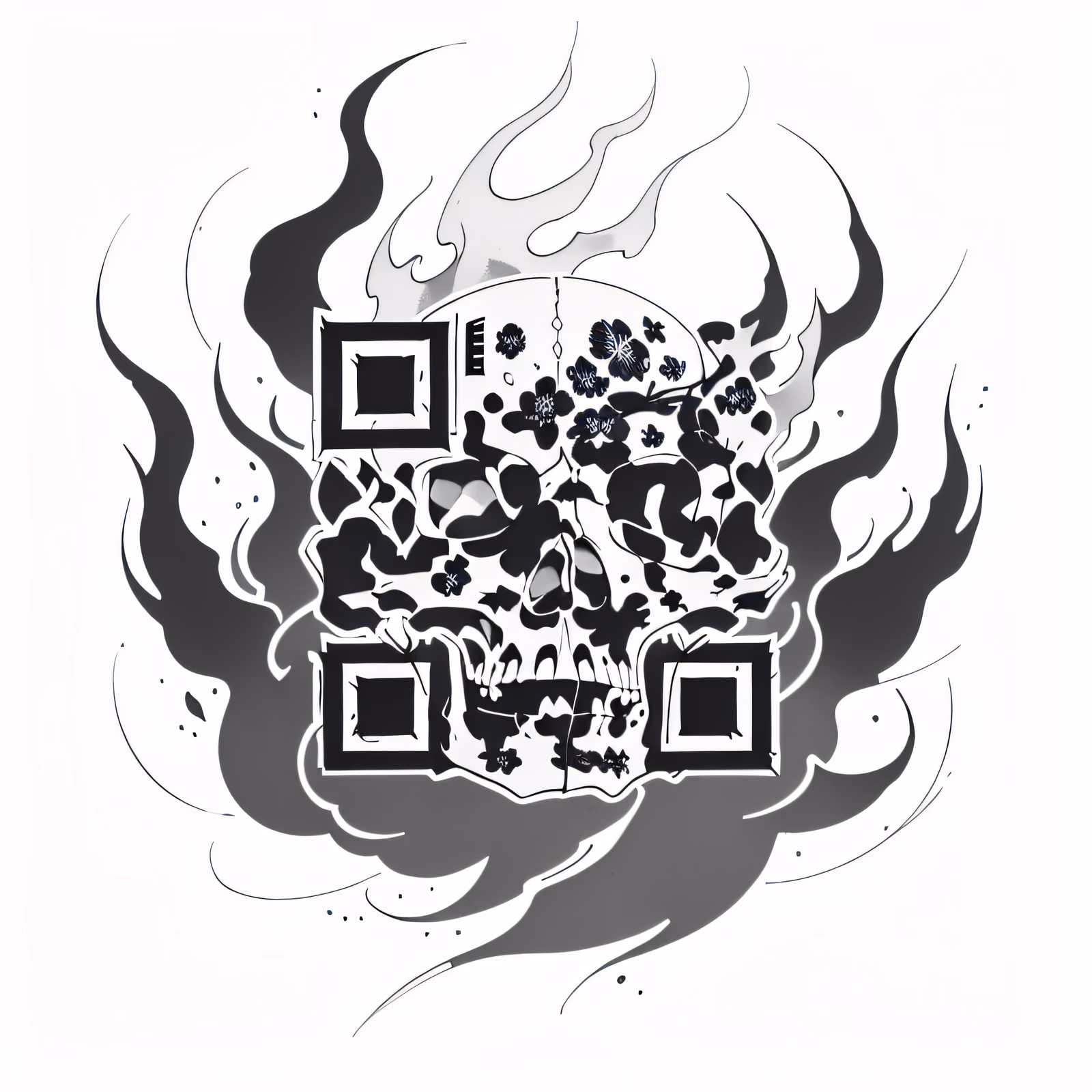Пылающий череп и цветы в стиле татуировки: QR-код для переводных татуировок — изображение 1