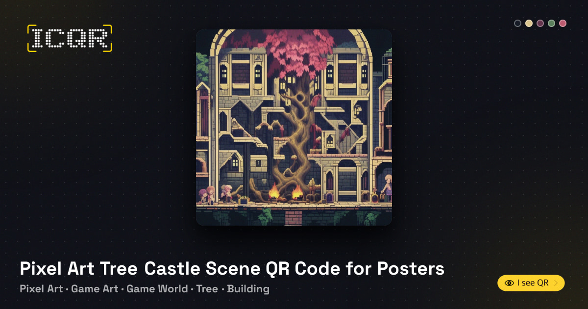 Pixel Art Tree Castle Scene QR Code for Posters • ICQR