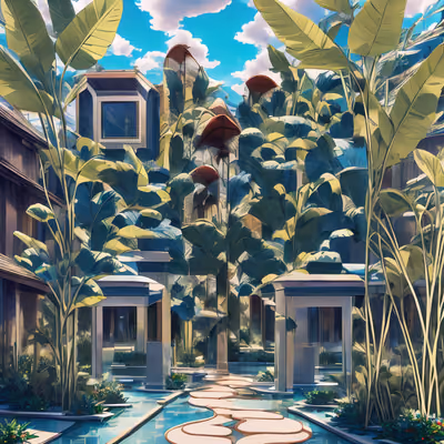 Tropical Resort Courtyard Vector QR Code for Posters — image 1