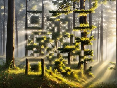 Misty Forest Sunbeams Digital Painting QR Code Art