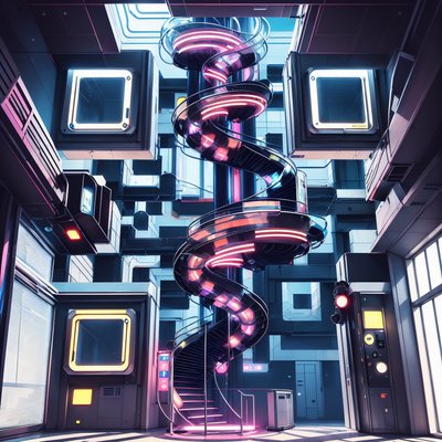 Neon Spiral Staircase Retrofuturism QR Code for Posters