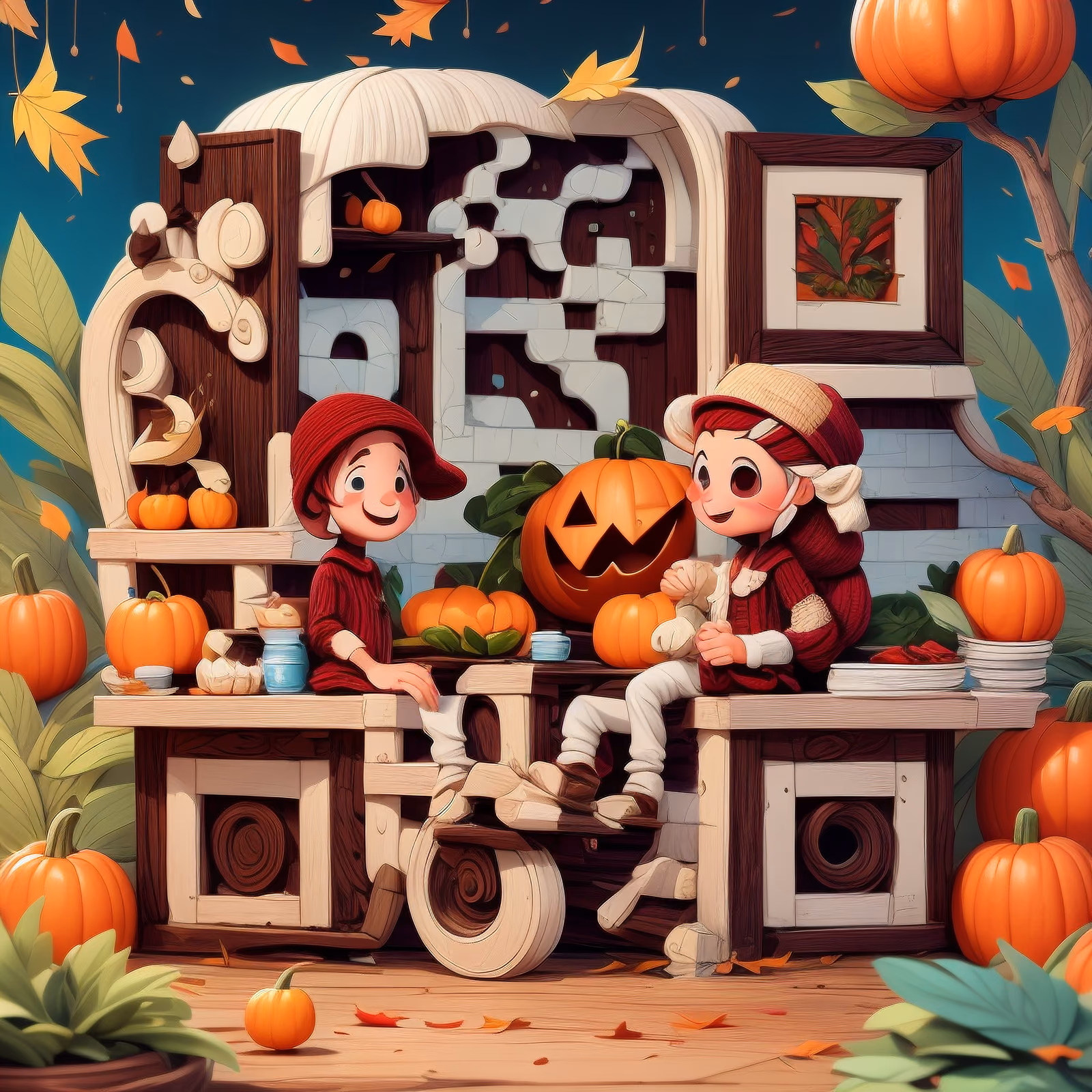 Дети с тыквами: осенний мультяшный QR-код для плакатов — изображение 1