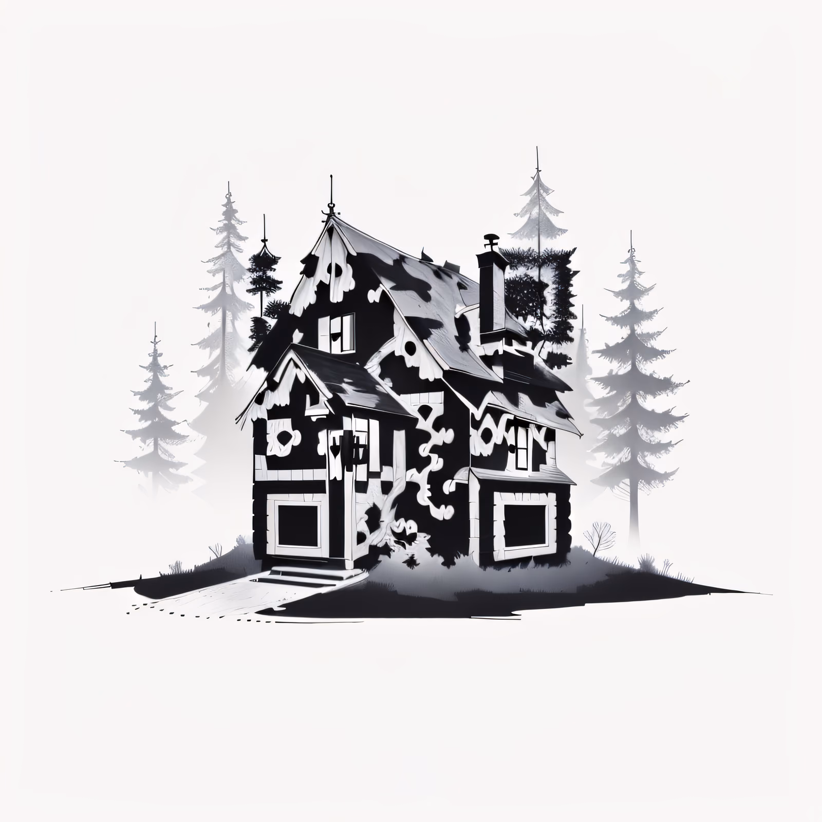 森林小屋水墨画二维码艺术 — 图片 1