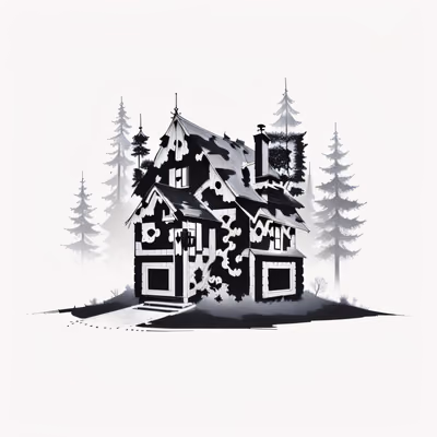 森林小屋水墨画二维码艺术 — 图片 1