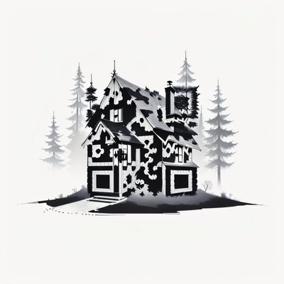 Forest Cabin Ink Drawing QR Code Art