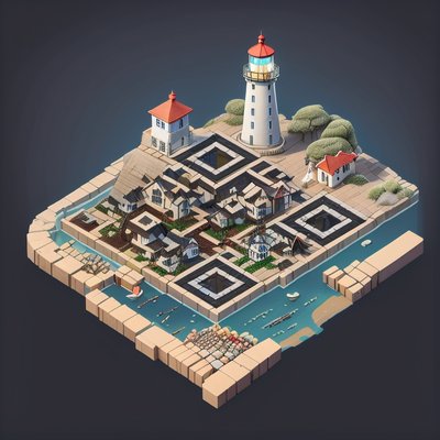 Isometric Lighthouse Town 3D Render QR Code for Posters