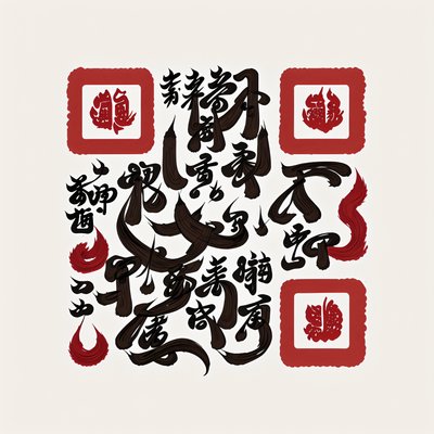 Каллиграфия кистью с красной печатью, QR-код арт