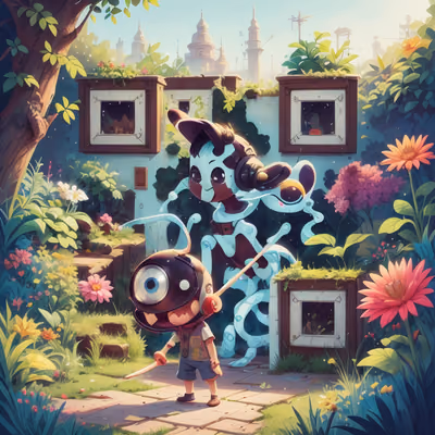 Alien and Child Garden Cartoon QR Code for Posters — image 1