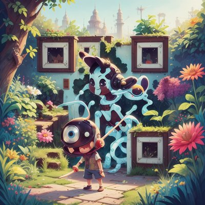 Alien and Child Garden Cartoon QR Code for Posters