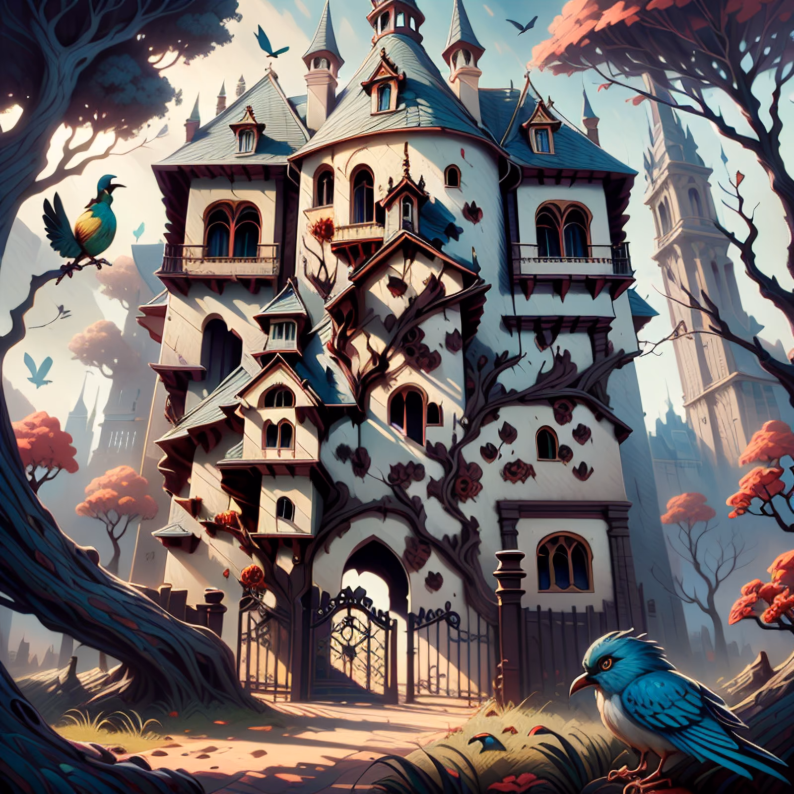 Gothic Manor With Birds Fantasy QR Code for Posters — image 1
