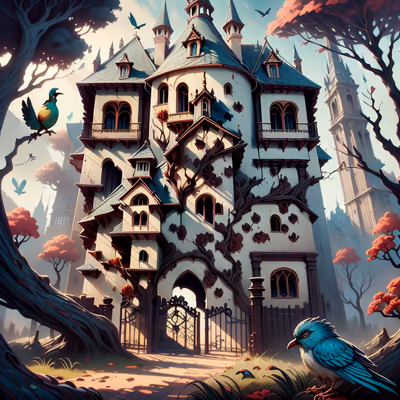 Gothic Manor With Birds Fantasy QR Code for Posters — image 1