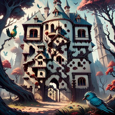 Gothic Manor With Birds Fantasy QR Code for Posters