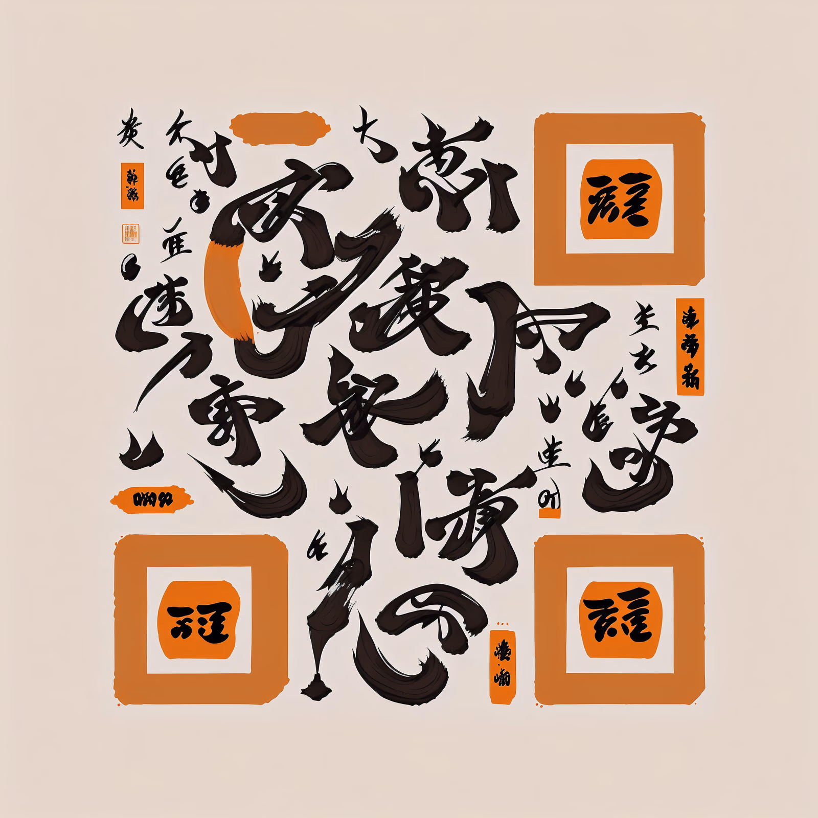 QR-код с оранжево-чёрной каллиграфией кистью для плакатов — изображение 1