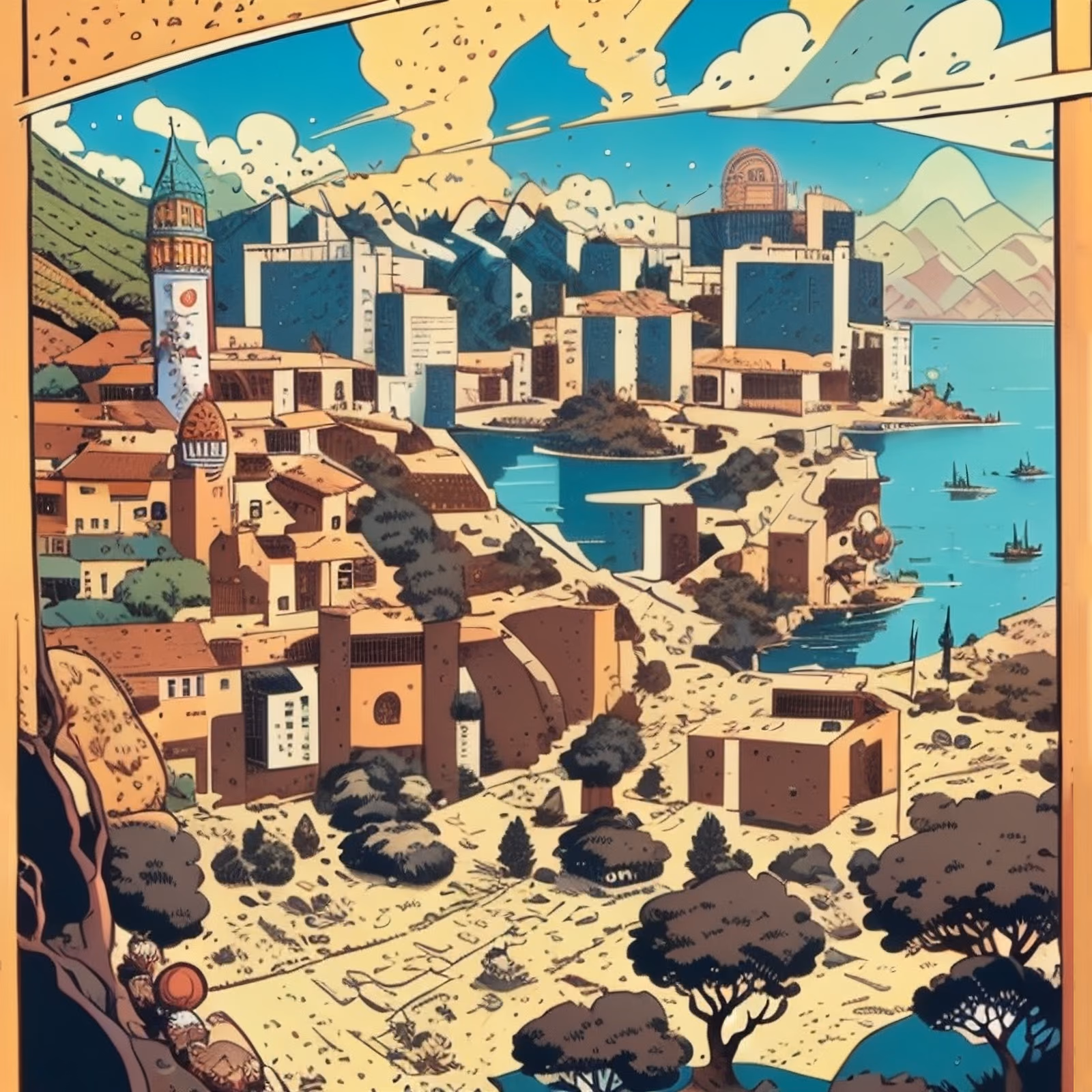 海滨山坡小镇漫画风海报二维码艺术 — 图片 1