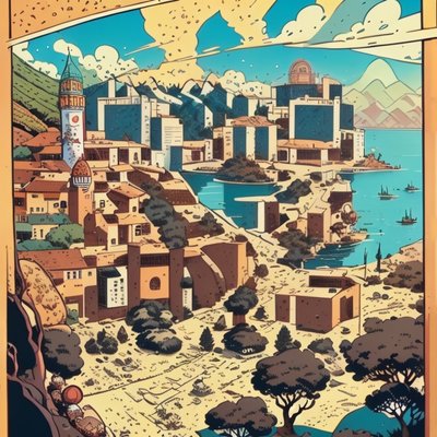 Coastal Hillside Town Comic Style QR Code for Posters