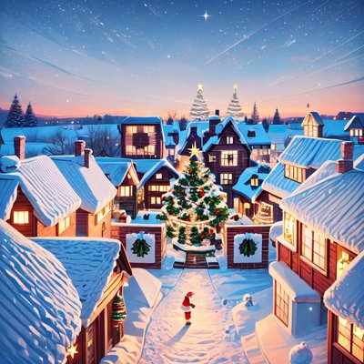 Snowy Christmas Village Digital Painting Fantasy Art QR Code for Greeting Cards