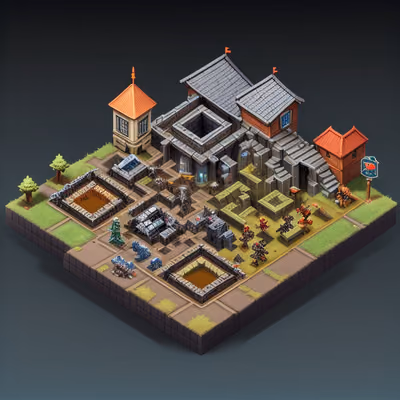 Isometric RTS Fortress Base QR Code for Posters — image 1