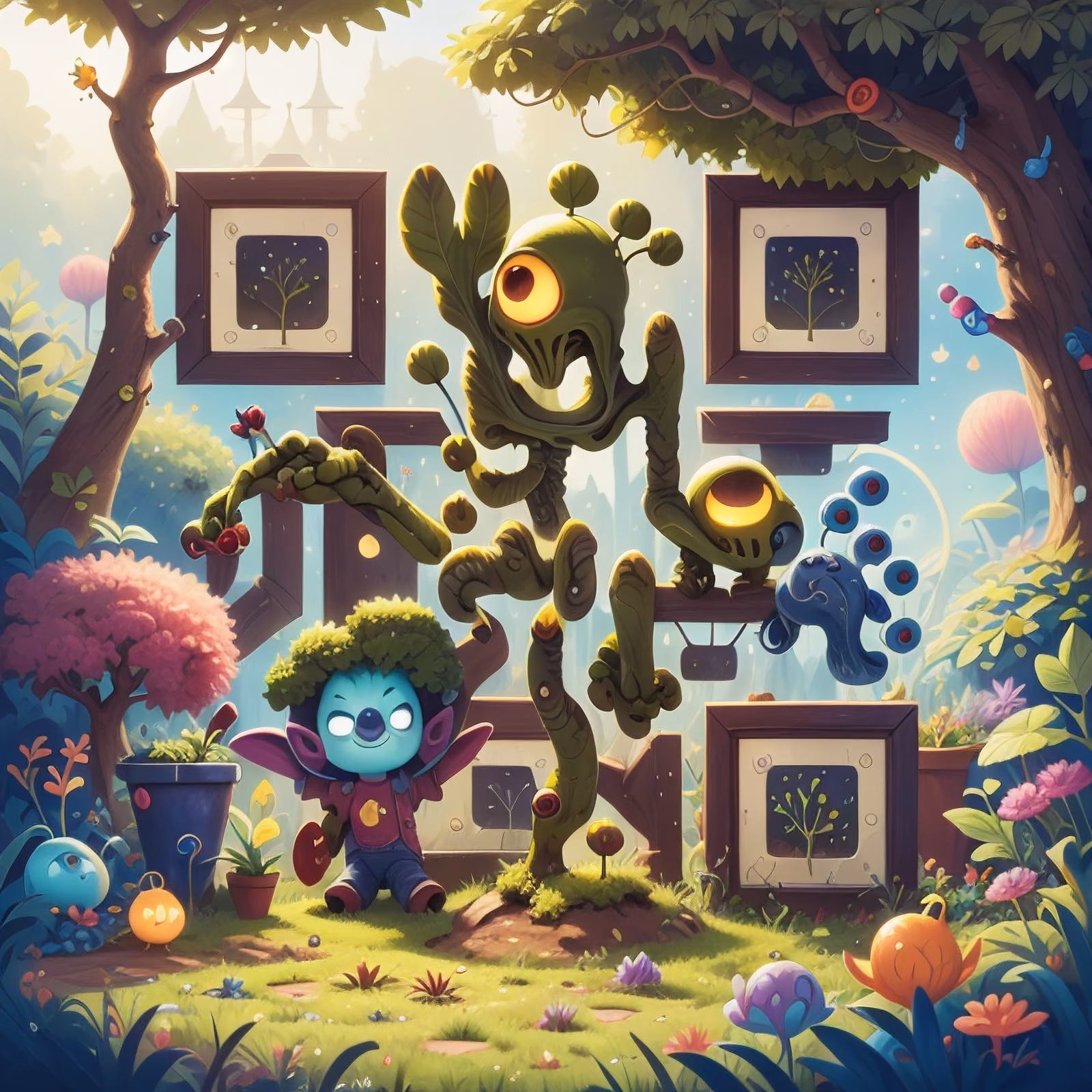 Мультяшный инопланетянин в саду: цифровая живопись, QR-код для постеров — изображение 1