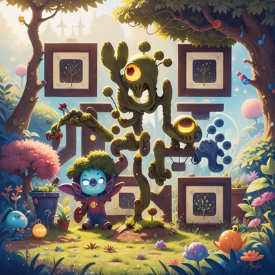 Мультяшный инопланетянин в саду: цифровая живопись, QR-код для постеров — изображение 1