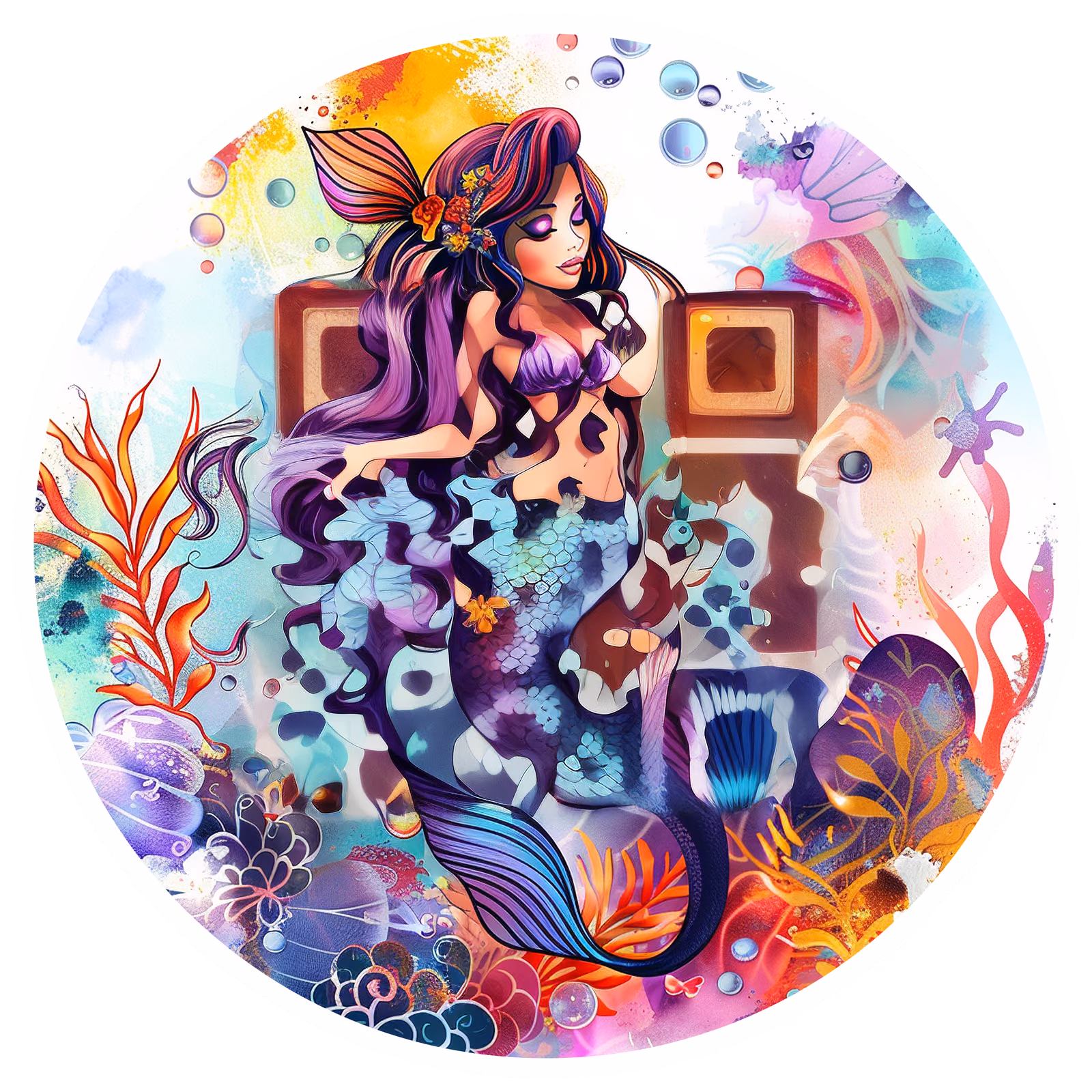 水下美人鱼矢量插画二维码设计贴纸 — 图片 1