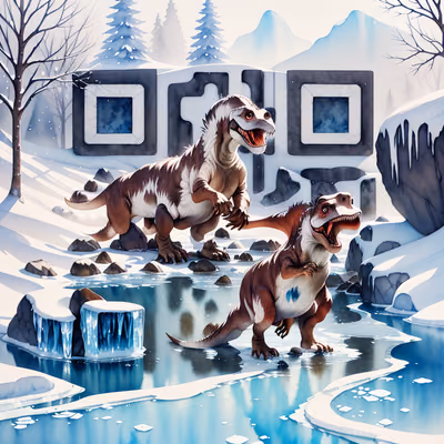 雪地恐龙水彩二维码艺术 — 图片 1