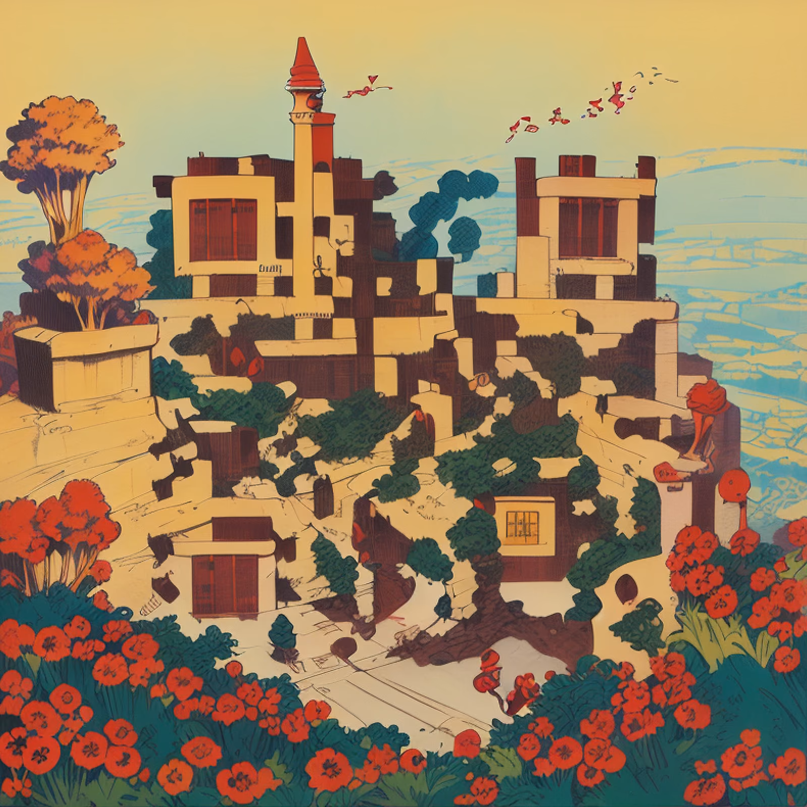 Hilltop Village Comic Style QR Code for Posters — image 1