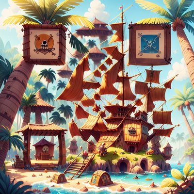 Cartoon Pirate Ship Island 3D QR Code for Posters