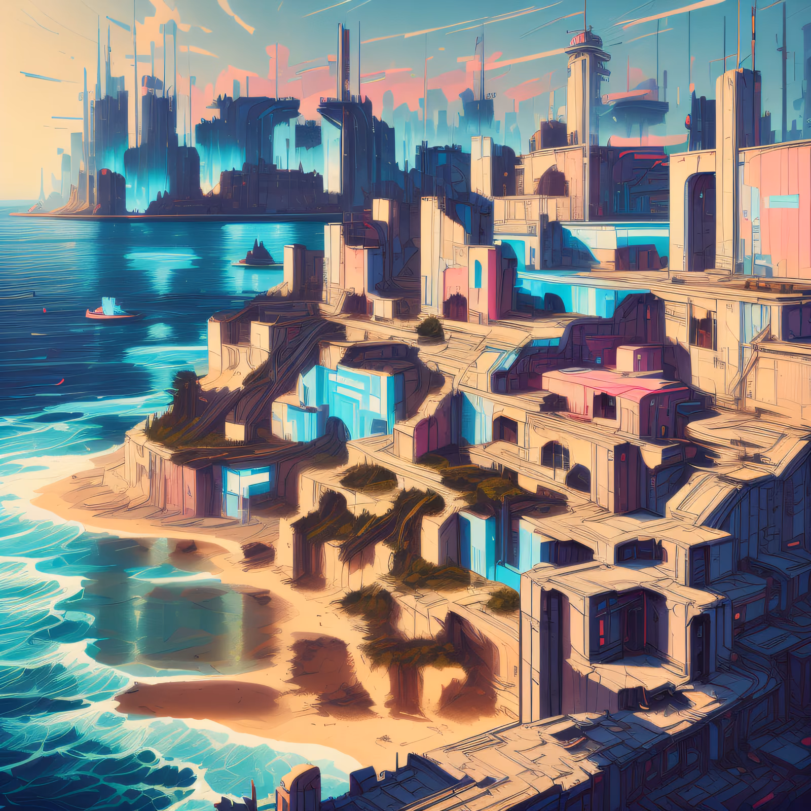 Futuristic Seaside Town Cyberpunk QR Code Art — image 1