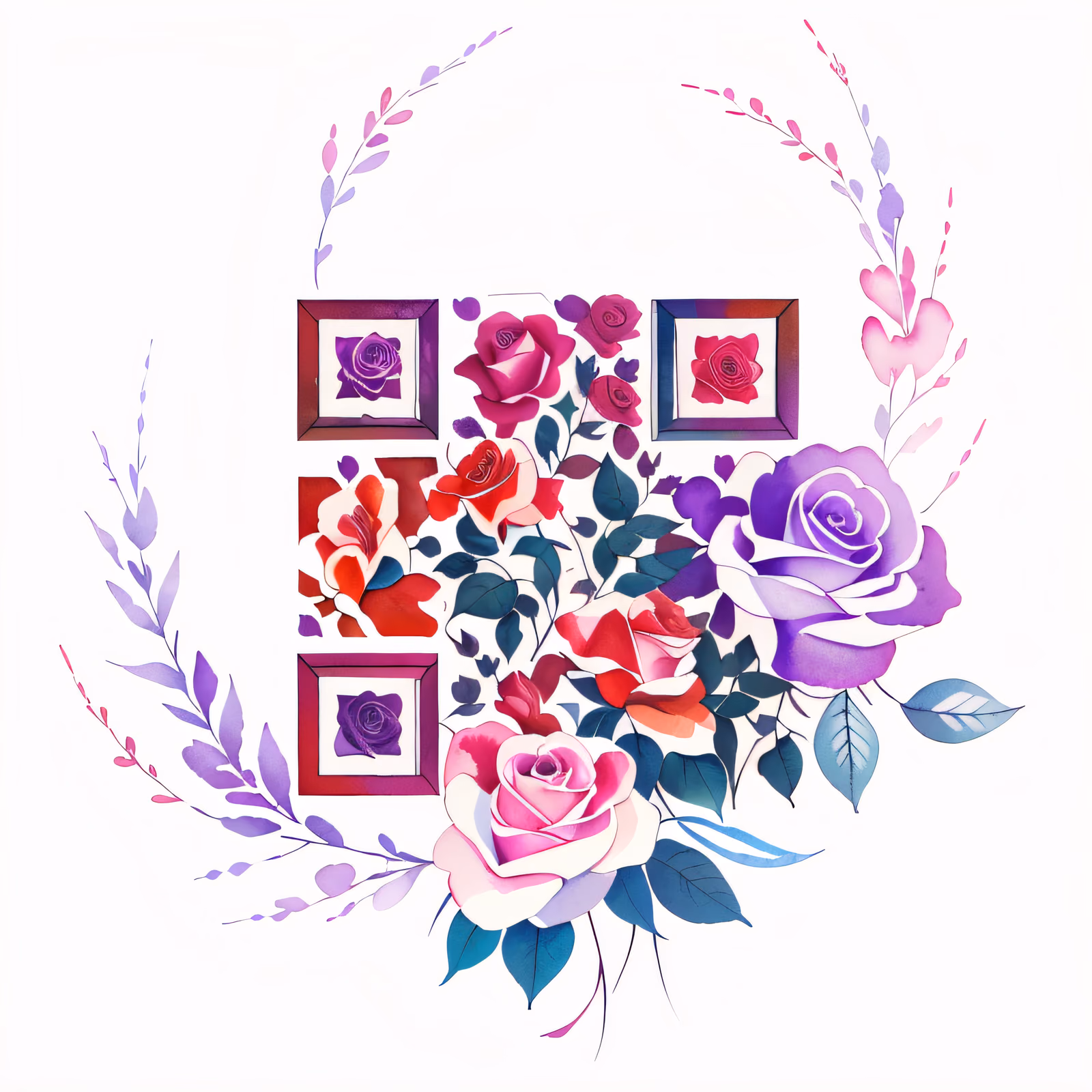 水彩玫瑰花束纹身二维码艺术,适用于临时纹身 — 图片 1