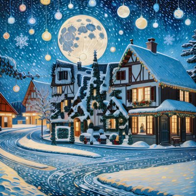 Snowy Christmas Village Night Night Scene QR Code for Greeting Cards