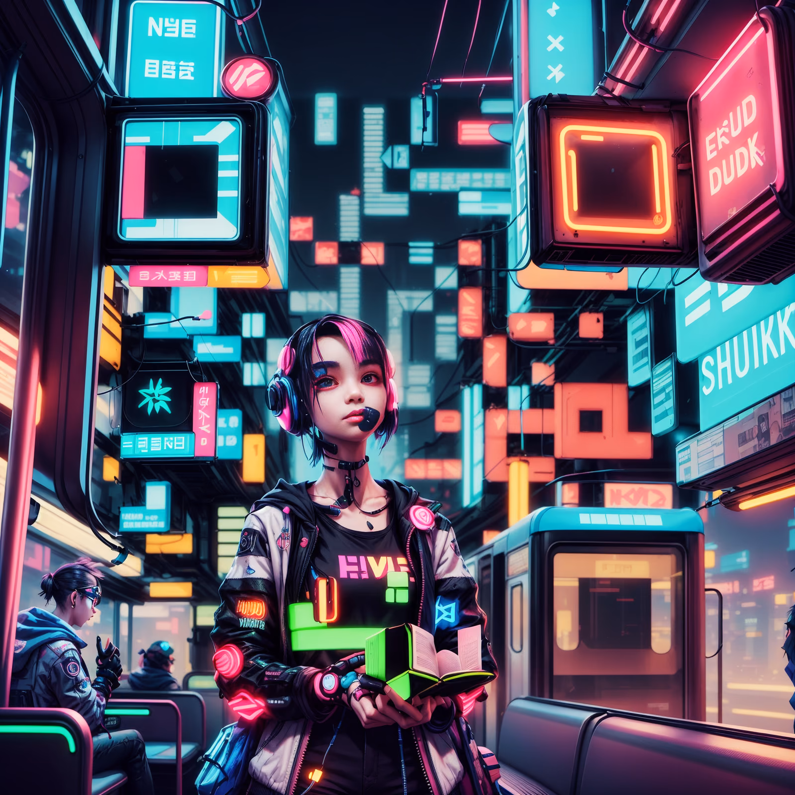 Cyberpunk Student on Neon Train QR Code for Posters — image 1