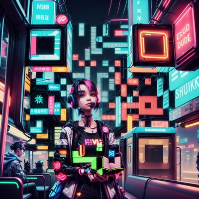 霓虹列车上的赛博朋克学生二维码艺术,适用于海报