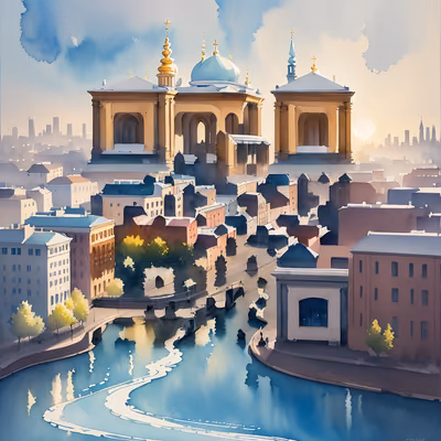 Cathedral Over River Watercolor Cityscape QR Code Art — image 1
